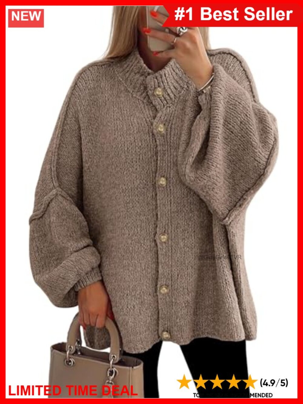 Oversized Chunky Knit Button Down Cardigan Sweater Mock Neck Long Sleeve